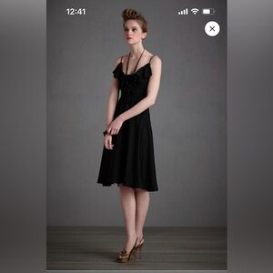 NWOT | Quillaree Anthropology Silk Black Dress with Ruffle, Size 6